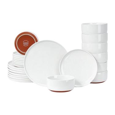 Imagem de GZG Conjunto de pratos e tigelas, conjunto de 24 peças de louça de cerâmica moderno para 4, conjunto de pratos de cozinha e jantar, conjunto de louça de grés, seguro para micro-ondas e lava-louças