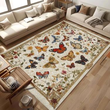 Imagem de Tapetes de área de borboleta, boho, floral, bege, azul, para sala de estar, interior, macio, antiderrapante, tapete fino, moderno, abstrato, para sala de jantar, escritório, quarto, debaixo da mesa