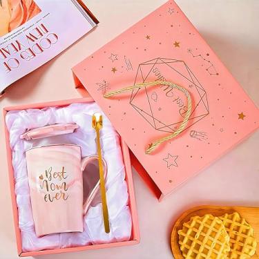 Imagem de JOD® Caneca de café Best Mom Ever Presentes para o Dia das Mães Novidade Presentes para Mãe Filha Filho, Presente Feminino para Mãe Aniversário Impressão Dourada 400 ml com Alça de Mão Colher de