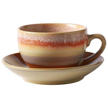 Imagem de Caneca de cappuccino laranja com pires, xícara de café expresso de cerâmica japonesa vintage de 320 ml, ideal para uso doméstico ou café