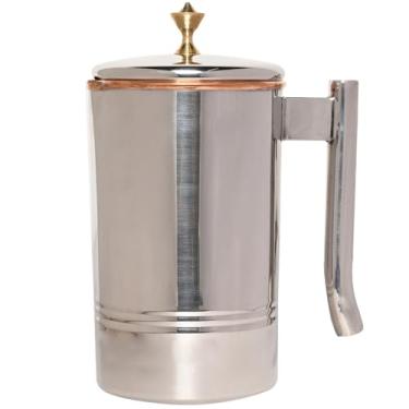 Imagem de Jarro de água de cobre e aço inoxidável (1,5 litro) | Jarro interno de cobre e aço inoxidável externo Ayurveda Health com puxador de latão | Design durável, sem ferrugem e feito à mão