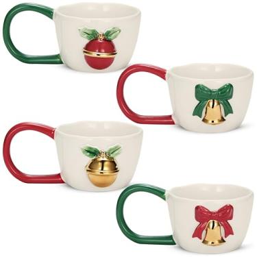 Imagem de KooK Canecas de Natal, xícaras de café de cerâmica com alças decorativas grandes, designs de sino e ornamento de Natal, pronto para presente, 293 g, pode ser lavado na lava-louças, conjunto de 4