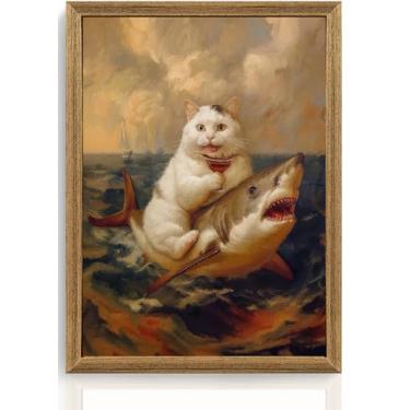 Imagem de ICHZUMW Arte de parede em tela engraçada de gato montando tubarão emoldurada, estampa de retrato de gato branco peculiar, humorístico, exclusivo e peculiar, pintura de animal, decoração de parede para