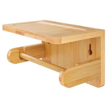 Imagem de LUMINFLY Suporte de papel higiênico de bambu montado na parede com prateleira de telefone, dispensador de lenços sem perfuração, rack de armazenamento multifuncional para velas, sabão e pequeno