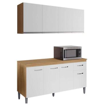 Imagem de Balcão De Cozinha Gabriela Com Tampo 150cm E Armário Aéreo Andréia Amêndoa Branco - Ajl