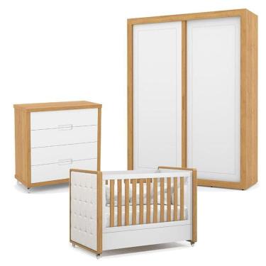 Imagem de Quarto De Bebe 2 Portas Tutto New Com Capitonê New Boucle E Gaveteiro Freijó Branco Acetinado - Matic