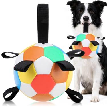Imagem de EXPAWLORER Brinquedos de bola de futebol para cães com alças, bolas de brinquedos para cães, brinquedos interativos de 15 cm para cabo de guerra, presentes de aniversário para filhotes, brinquedos