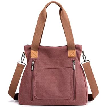 Imagem de Bolsa Tote de Lona Feminina para Trabalho com Alça Transversal Vintage Múltiplos Bolsos Bolsas Mão Resistentes Ajustável e Removível Forro Poliéster