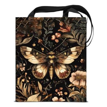 Imagem de KSFFWQIN Sacola feminina de lona com estampa de traça floral escura academia mariposa bruxa reutilizável mercearia bolsa de ombro para compras, trabalho, viagem, praia, estética