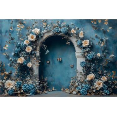 Imagem de YongFoto Fundo floral de parede azul vintage arco 2,1 x 1,5 m flores borboleta fotografia fundo aniversário nupcial chá de bebê festa de casamento banner decoração retratos sessão de fotos papel de