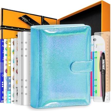 Imagem de Agenda de caderno pessoal de couro PU com 67 páginas, papéis de folhas soltas, 6 furos, suporte de caneta, fivela magnética (glitter índigo, caixa de presente A5)