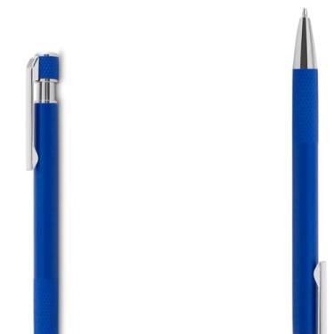 Imagem de Caneta esferográfica com corpo em alumínio reciclado, acionador e clipe cromado, escrita em tinta azul. Refil substituível tipo Parker. (Kit 2 Azul)