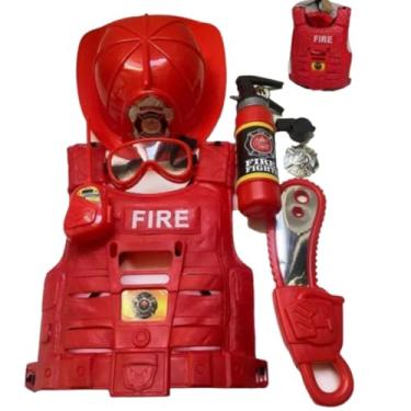 Imagem de Kit Bombeiro Infantil com Colete, Capacete e Acessórios, Brinquedo de Faz de Conta, 8 Peças, Plástico, Inclui Extintor 23cm, Rádio 18cm, Motosserra 27cm