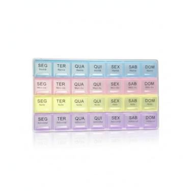 Imagem de Organizador Semanal de Medicamentos, 4 Períodos Diários, Plástico Colorido, 22x12cm, com Compartimentos para Manhã, Meio Dia, Noite e Adicional