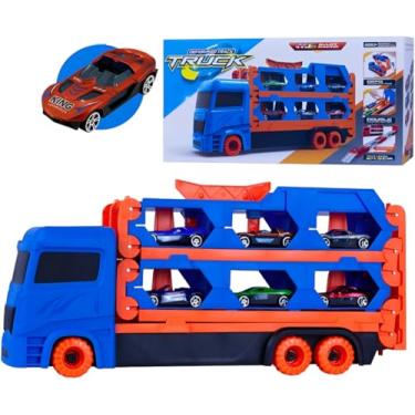 Imagem de Caminhão Cegonha Infantil com 6 Mini Veículos e Pista Montável de 164,5cm Brinquedo Educativo e Divertido