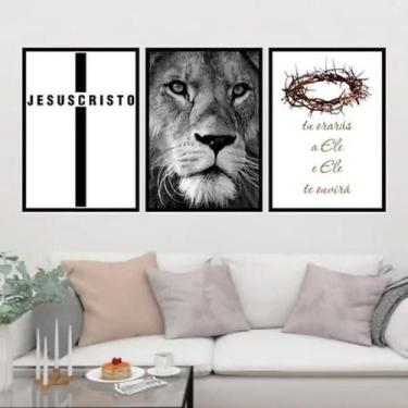 Imagem de Kit 3 Quadros Leão Jesus Cristo 60X40Cm - Madeira Preta - Quadros On-L