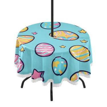 Imagem de Blueangle Toalha de mesa redonda impermeável com ovos de Páscoa de 152 cm com orifício para guarda-chuva - Tecido resistente à prova de sol para todos os climas para pátio, acampamento, piquenique(140