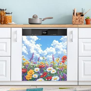 Imagem de ATTX Capa magnética colorida de flores silvestres para lava-louças, 58,4 cm C x 66 cm A, decoração da capa da máquina de lavar louça, decalques de armário doméstico e eletrodomésticos adesivos #84