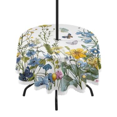 Imagem de ATTX Toalha de mesa redonda com flores silvestres com borboletas – 152 cm, impermeável, à prova de derramamento, uso interno/externo, com orifício para guarda-chuva com zíper para acampamento