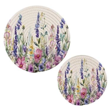Imagem de Blueangle 2 peças de suporte de panela em aquarela para jardim de verão - conjunto de pegadores de panela de tecido redondo - almofadas quentes trançadas de algodão - porta-copos - tapetes de mesa