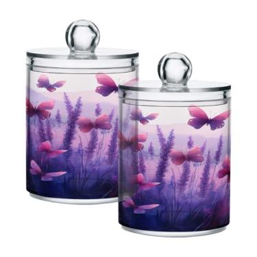 Imagem de ATTX Dispensador de suporte Qtip de campo de lavanda com borboletas para bola de algodão, cotonete, frasco de boticário de plástico transparente, pote de armazenamento de cozinha para decoração de