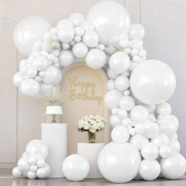 Imagem de Kit de arco de balão branco, 133 peças de balões de látex branco fosco em 91,4 cm, 45,7 cm, 30,5 cm, 25,4 cm, 12,7 cm de tamanhos diferentes para festas de aniversário, chás de noiva, decorações de