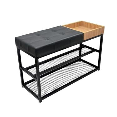 Imagem de Sapateira Organizadora Com Tela 80cm Assento Estofado Com Caixa Aparador(Estrutura Preta/Assento Linho)