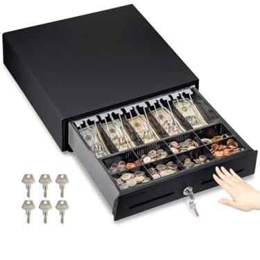 Imagem de Volcora Gaveta de caixa registradora de 40,64 cm para sistema de ponto de venda (POS), parcial removível, preta, resistente, com 5 notas/8 compartimentos para moedas, trava para chave e compartimentos