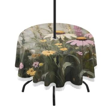Imagem de CEBUGI Toalha de mesa redonda para uso ao ar livre, flores silvestres, impermeável, com furo Umberlla, capa de mesa lavável para pátio, cozinha, sala de jantar, 152 cm