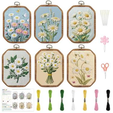 Imagem de INFUNLY Pacote com 6 kits de bordado octógono margarida para iniciantes, kits de bordado vintage faça você mesmo para adultos, conjunto de bordado estampado com instruções passo a passo, fios