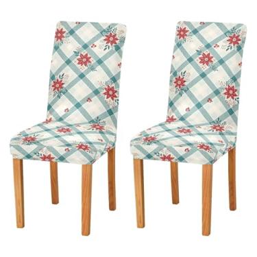 Imagem de Wassud Capas de cadeira xadrez de flores de Natal para jantar capas de cadeira elásticas de cozinha capas protetoras de assento laváveis conjunto de 2