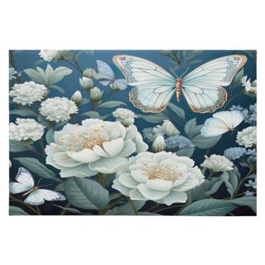 Imagem de Wassud Tapete de porta de flor branca 61 x 89 cm, tapete de área lavável antiderrapante com suporte de borracha, tapete macio e macio para sala de estar, quarto, entrada, entrada