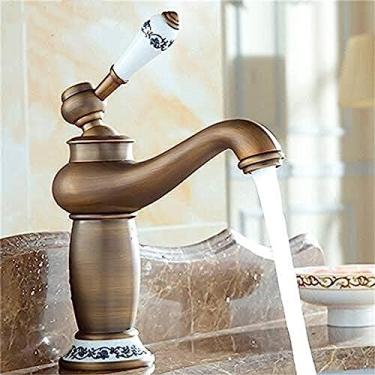 Imagem de YYBOES Torneiras de cozinha Torneiras de lavatório Torneiras misturadoras de latão antigo com acabamento quente e frio Torneira de pia de porcelana montada em deck quente e frio