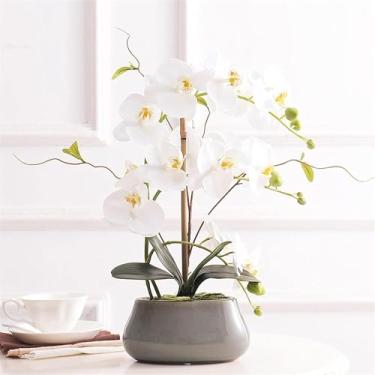 Imagem de LMJYU Flor Artificial 43 cm Orquídea Artificial Seda Phalaenopsis Flores com Vaso Conjunto de Orquídeas Falsas Moderno Floral Falso