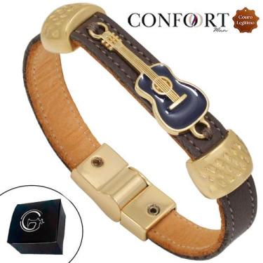 Imagem de Pulseira de Couro Magnética Masculina Feminina Marrom Violão Dourada -