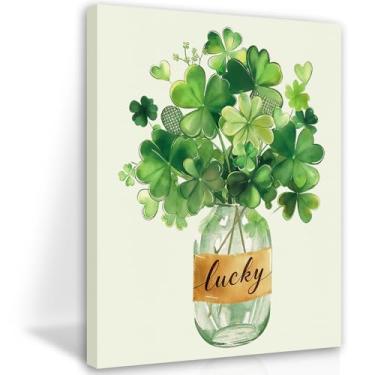 Imagem de FYSUIMU Impressão de arte de parede em tela emoldurada Dia de São Patrício decoração de parede aquarela trevo da sorte vaso de vidro pôster para galeria sala de estar quarto decoração, 20 x 25 cm