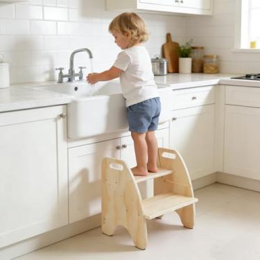 Imagem de comfoyar Banqueta infantil de madeira com 2 degraus, tamborete para crianças 2 degraus com pega e almofada antiderrapante, cadeira com encosto conversível, altura regulável, para casa de banho quarto