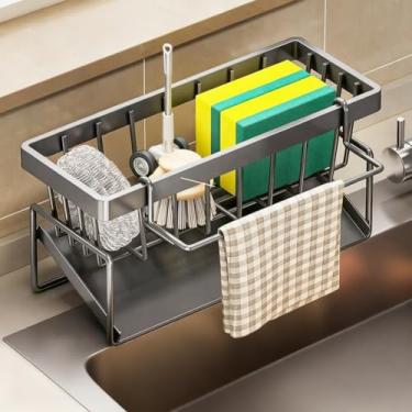 Imagem de Suporte de esponja autodrenante para pia de cozinha, organizador de organizador de pia de aço inoxidável com suporte de pano, rack de secagem para bancada com economia de espaço (cinza)