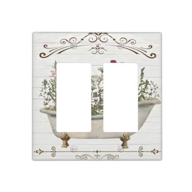 Imagem de Tulpock Capa de interruptor de luz floral rústica para casa de fazenda decorativa country madeira branca botânica 2 gangues duplo balancim placa de parede Switchpalte placa elétrica para banheiro