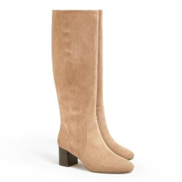 Imagem de Coutgo Botas femininas de salto grosso, cano alto, camurça, bico redondo, outono, inverno, com zíper lateral, Cáqui claro, 41