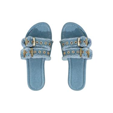 Imagem de GORGLITTER Sandálias jeans femininas com alça dupla, bico aberto, desgastado, confortável, escorregadio, praia, férias de verão, sapatos jeans, Azul, 37