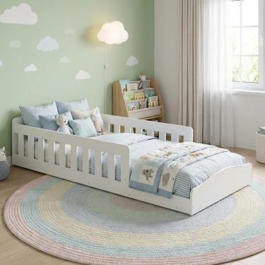 Imagem de Cama Montessoriana Infantil Grade Lateral Colchão Solteiro Branco