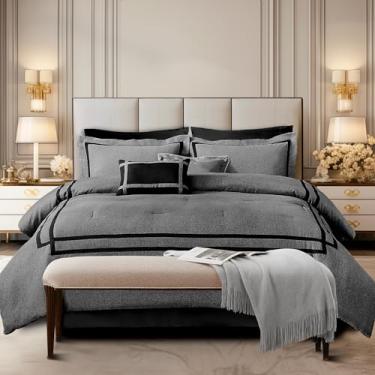Imagem de Wonderful Conjunto de edredom de hotel, Queen, 8 peças, cinza, luxuoso, moderno, escovado, lençol com elástico, fronhas decorativas para todas as estações