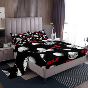 Imagem de Jogo de lençol Queen esportivo de golfe 3D, preto e branco, decoração de quarto de adultos, microfibra de clube de golfe, lençol com elástico, 2 fronhas