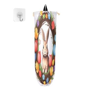Imagem de Coelhinho da Páscoa em guirlanda de tulipas coloridas suportes de saco de plástico, suporte de saco de cozinha, organizador de armazenamento reutilizável