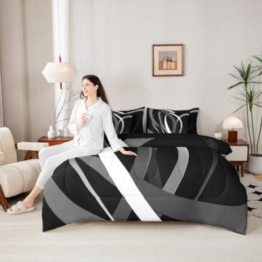 Imagem de Manfei Conjunto de edredom Queen com listras geométricas, 7 peças, linhas abstratas, para todas as estações, preto e cinza em uma bolsa com edredom, lençóis e fronhas, decoração de quarto de crianças