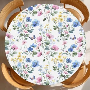 Imagem de KiuLoam Toalha de mesa redonda de flores silvestres rosa e azul com borda elástica toalha de mesa lavável para decoração de cozinha patrulha ao ar livre, serve para 114 a 127 cm, média