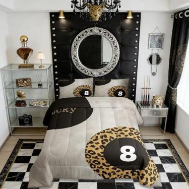 Imagem de Conjunto de edredom infantil Lucky 8 Ball tamanho casal, leopardo, vintage, guepardo, decoração de quarto de menina, edredom moderno e estético, conjunto de edredom cinza, preto e amarelo, 2 fronhas