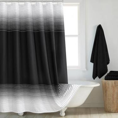 Imagem de GASIYU Cortina de chuveiro de tecido impermeável, cortina de chuveiro de tecido lavável, qualidade de hotel inodoro, estilo gradiente listrado preto, lavável 182 x 232 cm