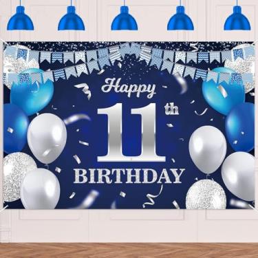 Imagem de Happy 11th Birthday Banner Pano de Fundo Balões de Prata Azul Bandeira Listras Pontos de Luz Cheers to 11 Anos Tema Decorações Decoração para Meninas Meninos Festa de Aniversário 11º Aniversário Suprimentos Fundo Glitter